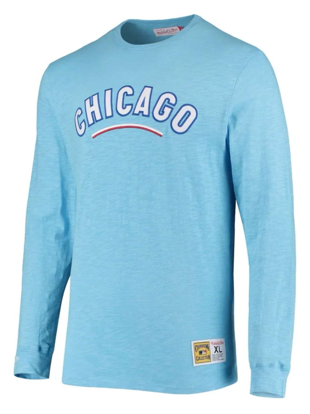 Men’s Chicago Cubs Mitchell & Ness Light Blue Woodmark Slub Long Sleeve Tee ~ L